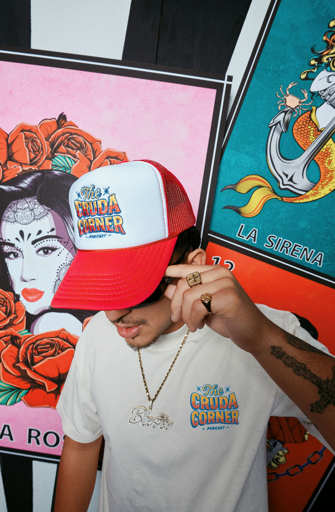 The Cruda Corner Trucker Hat (White/Red)